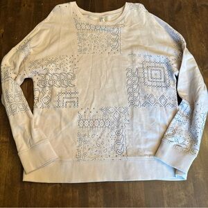 FABLETICS Oatmeal + Navy Blue Paisley Print Crewneck Kourtney Sweatshirt Large